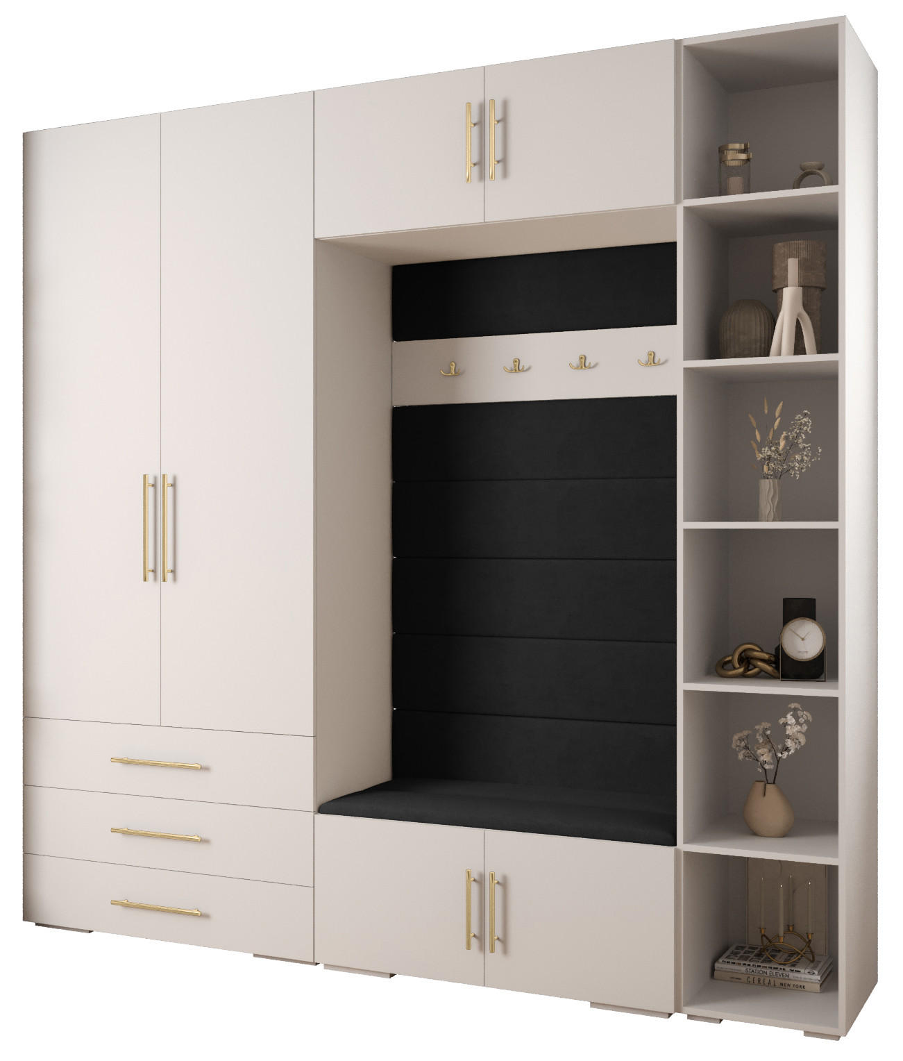 Abiks Möbel Garderoben-Set Weiß, Schwarz, Gold 240x236.7x47 cm