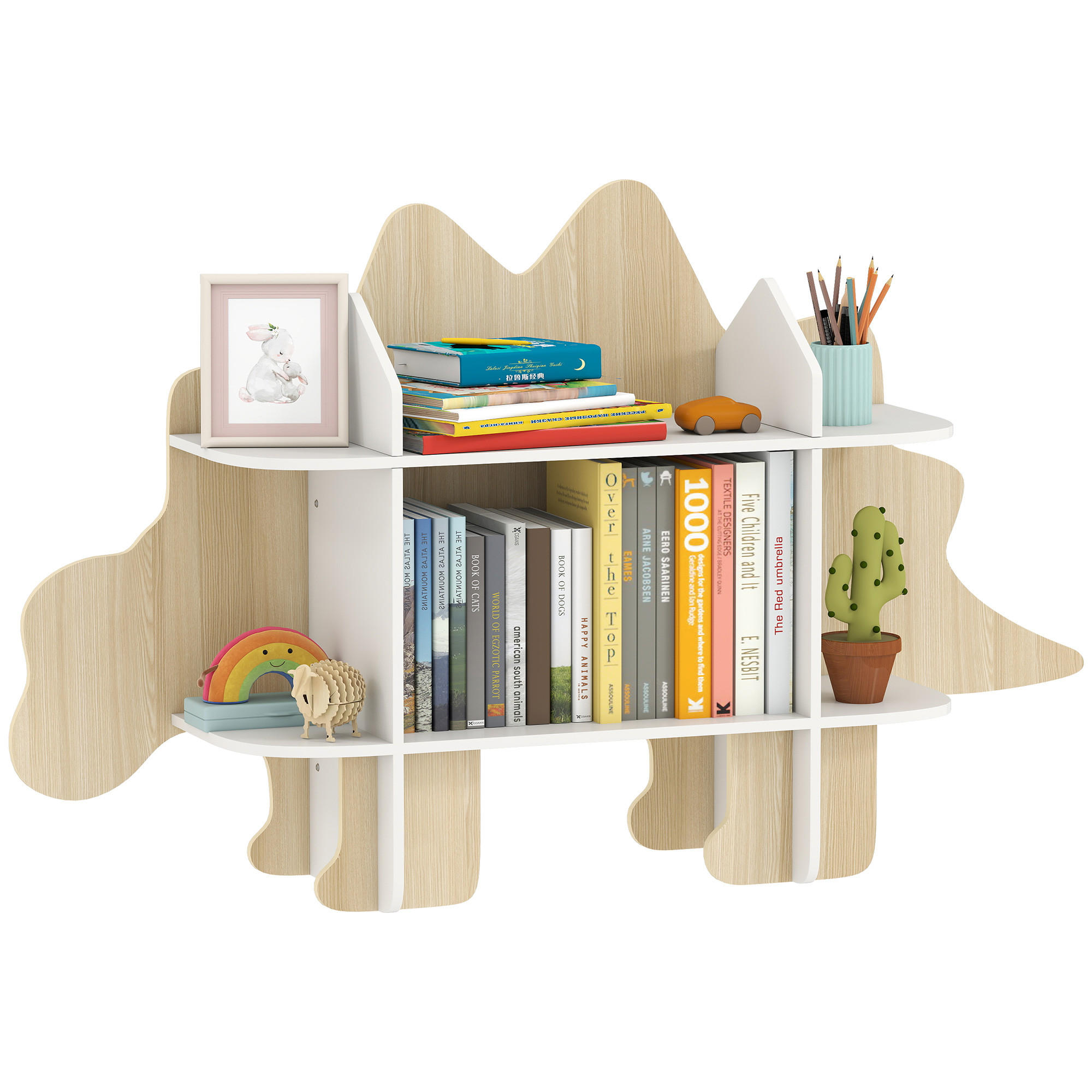 KINDERREGAL DE-17277 6 Fächer, Dinosaurier-Design Naturholz - Naturfarben, Metall (120/72.2/28cm) - ComfortXL