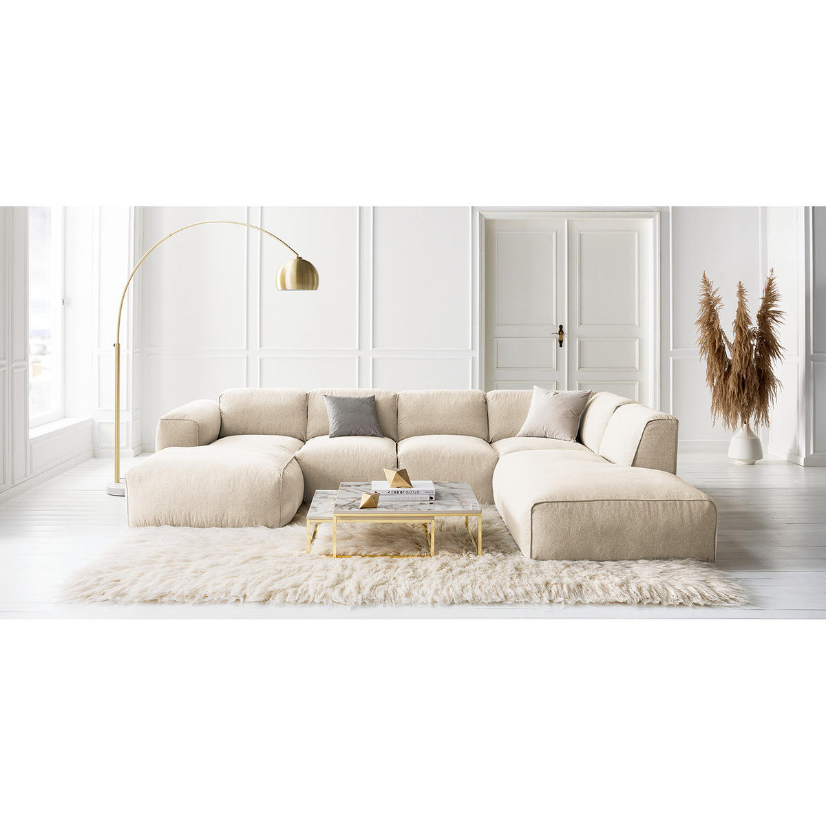 WOHNLANDSCHAFT mit Longchair - Beige/Schwarz, Kunststoff/Textil (325/71/235cm) - home24