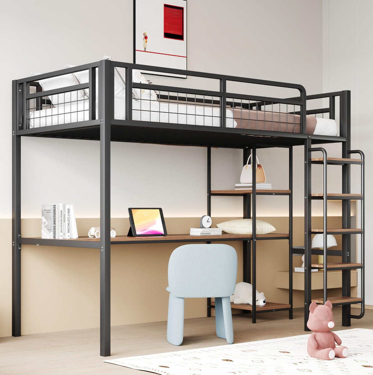 HOCHBETT 90/200 cm mit Schreibtisch, Regalen, Sicherheitsleiter und Metallgitter, Schwarz - Schwarz, Metall (90/200cm) - Redom