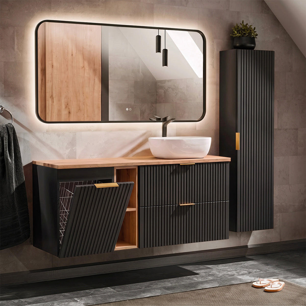 BADMÖBEL 140.8cm Adriel 2er-Set Schwarz und Holz - Schwarz, Holzwerkstoff (140.8/59/46cm) - Petits-meubles