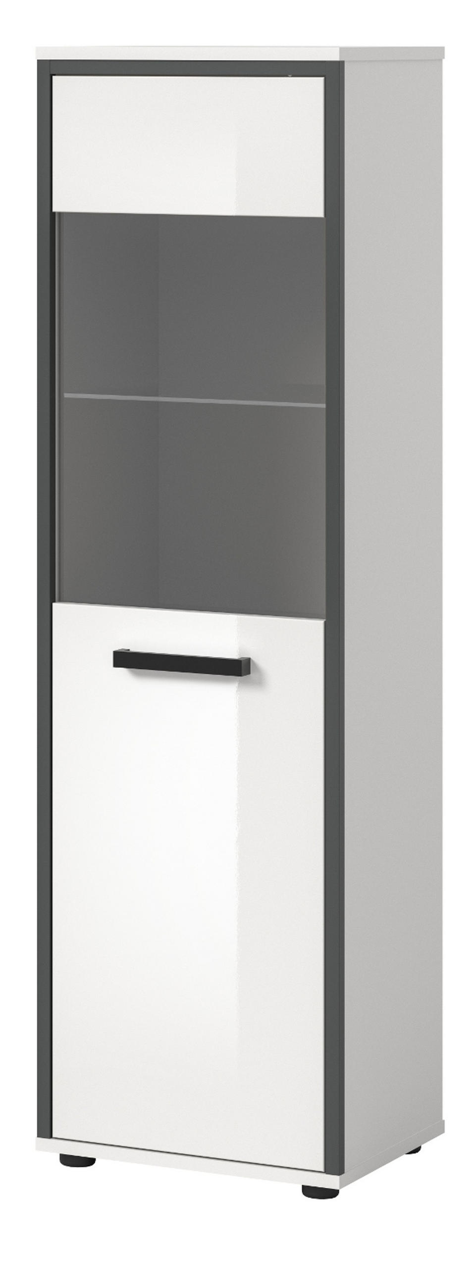MIDISCHRANK weiß Hochglanz, grau 40 x 139 cm, Badkommode mit wechselbaren Türanschlag - Weiß Hochglanz/Schwarz, Glas/Holzwerkstoff (40/139/34cm) - Inn.Furn