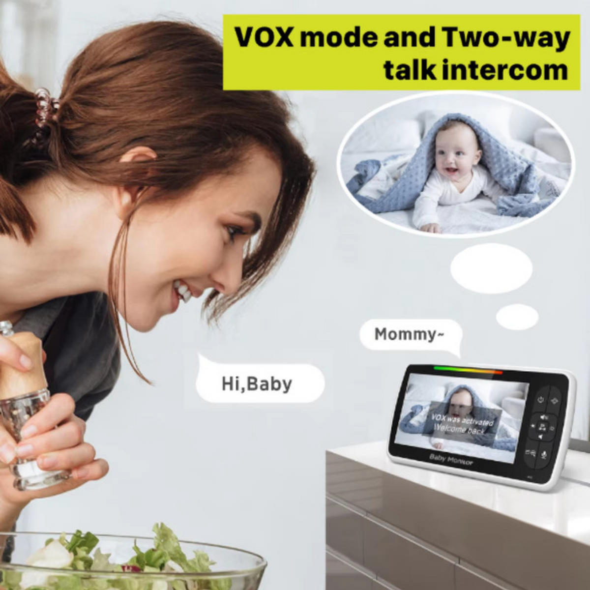 BABYPHONE 5 Zoll Kamera 355° 120° PTZ Nachtsicht 2-Wege Audio 300m Reichweite - Weiß, Kunststoff - Kaket