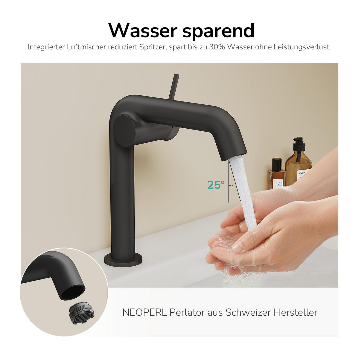 WASCHTISCHARMATUR Ventilkernzertifizierung Schwarz Matt 15cm - Schwarz, Metall (20/7.6/22.2cm) - EMKE