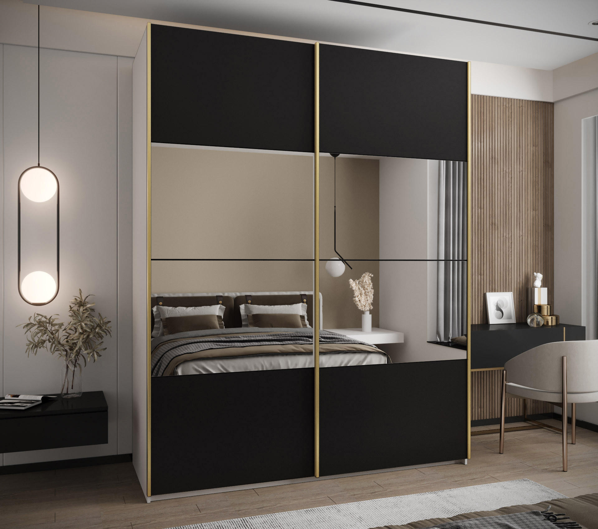 SCHWEBETÜRENSCHRANK 245,5/200/64 2-türig - Goldfarben/Schwarz, Holz/Metall (200/245/64cm) - Abiks Möbel