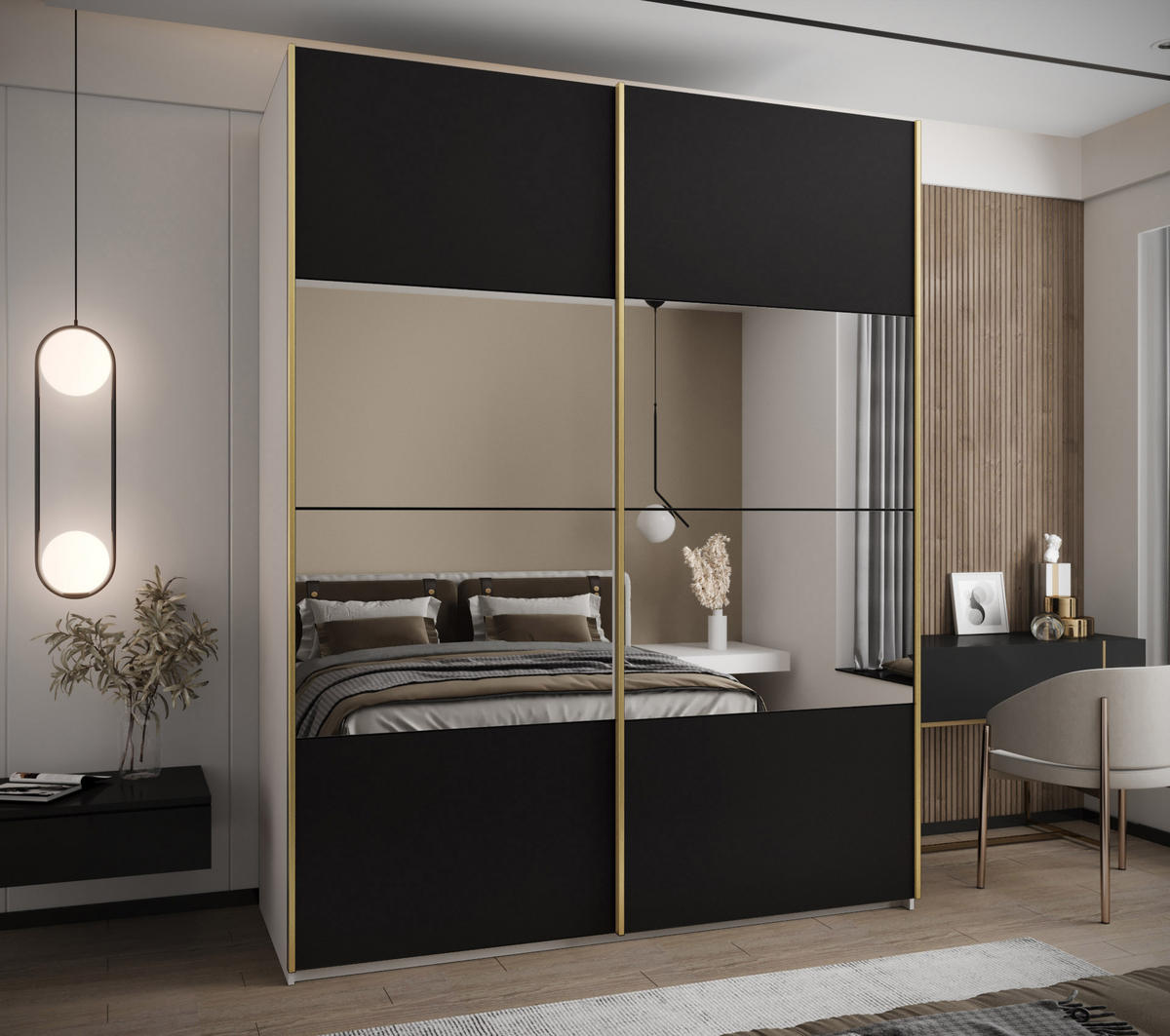 SCHWEBETÜRENSCHRANK 245,5/190/64 2-türig - Goldfarben/Schwarz, Holz/Metall (190/245/64cm) - Abiks Möbel