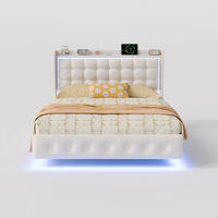 POLSTERBETT 140x200 cm Schwebebett mit LED & USB, Samtstoff Beige Doppelbett mit Lattenrost - Beige, Metall (140/200cm) - EuroLiving