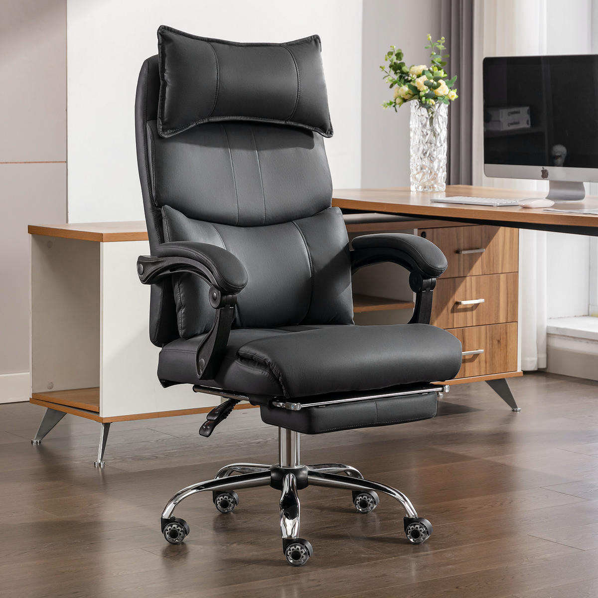 CHEFSESSEL DE-40977 mit doppelt verstellbarer Lendenwirbelstütze Schwarz - Schwarz, Metall (65/120/48cm) - ComfortXL