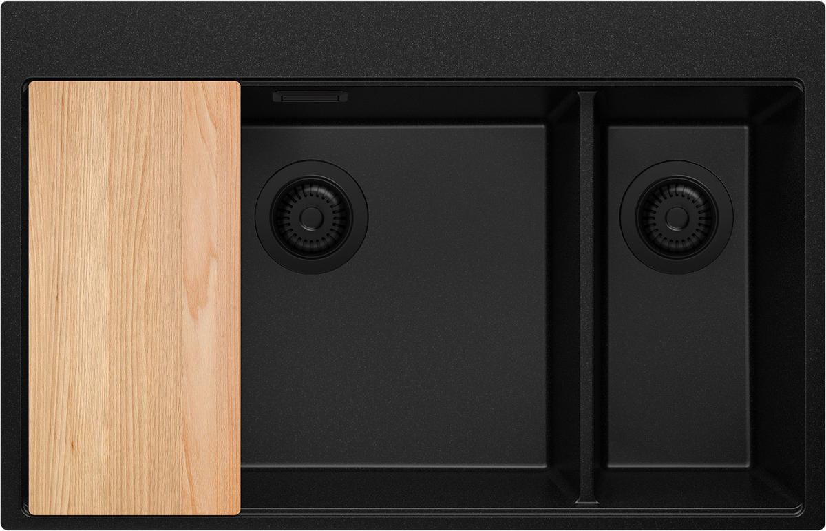 SPÜLBECKEN Oslo Duo, 2-er set Alles Schwarz 78/50 cm 2 Becken + Ablauf-Set + Schneidebrett ab 80er Unterschrank - Beige/Schwarz, Kunststoff (78/20/50cm) - Primagran