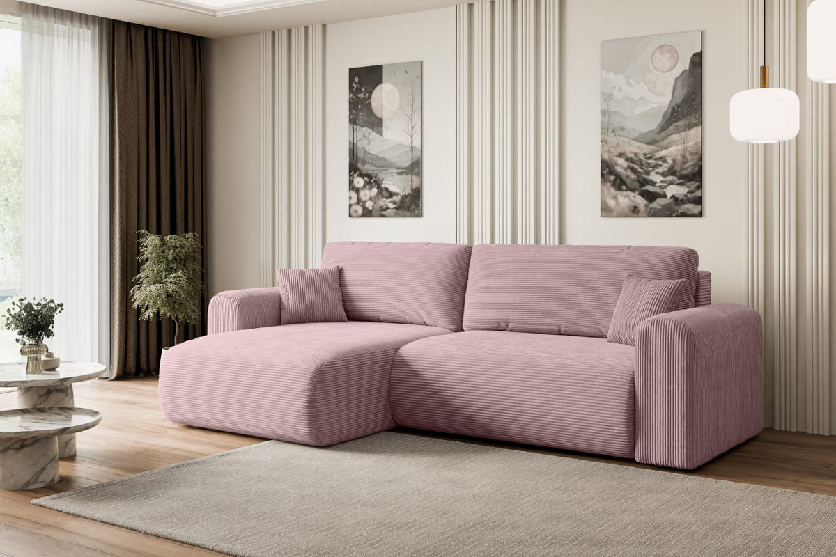 ECKSOFA mit Schlaffunktion und Bettkasten ORRO-L - 272x145x83 cm Rosa Cord - Schwarz/Rosa, Holzwerkstoff/Kunststoff (272/145cm) - ALTDECOR