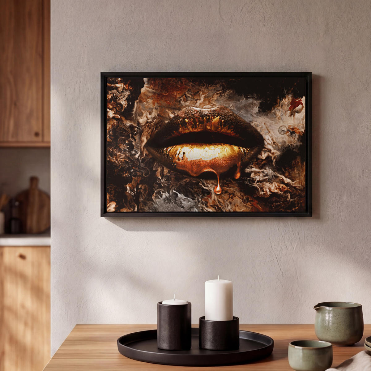 LEINWAND Bilder mit Rahmen - Gold - Lippen - Kunst - Gold - Luxus - Abstrakt - 30x20 - Kupferfarben, Textil (30/20cm) - MuchoWow
