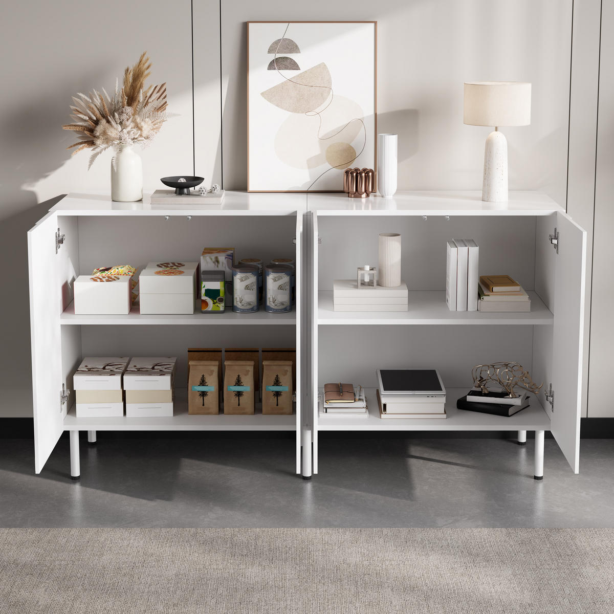 SIDEBOARD 3D Türen grifflos PB MDF Metallfüße modern - Weiß, Holzwerkstoff (40/77.5/140cm) - FLIEKS