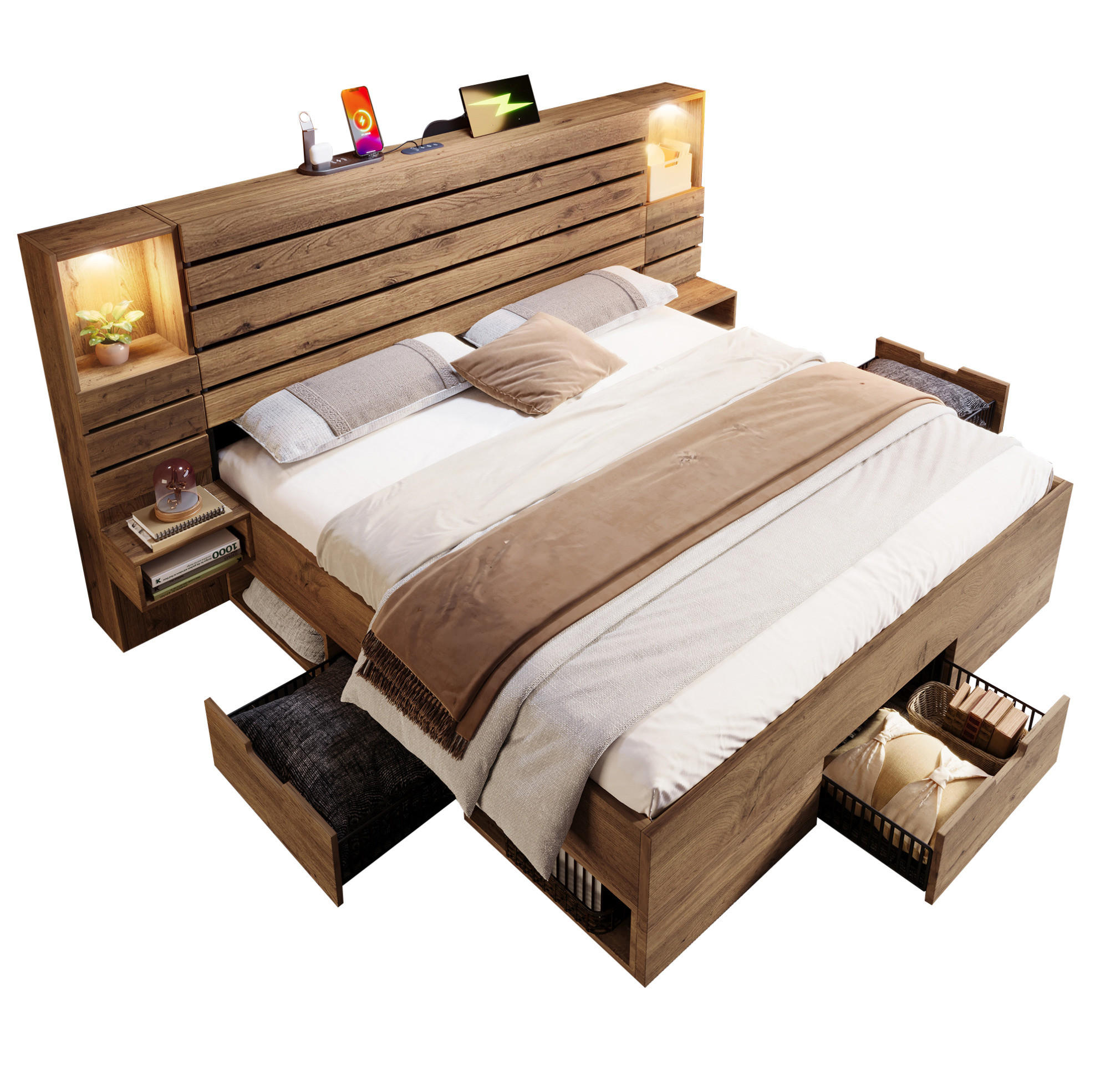 MANŽELSKÁ postel 160/200 cm dubová z MDF a kovu s LED osvětlením USB-C a úložným prostorem - barva dubu, kompozitní dřevo (160/200cm) - OKWISH