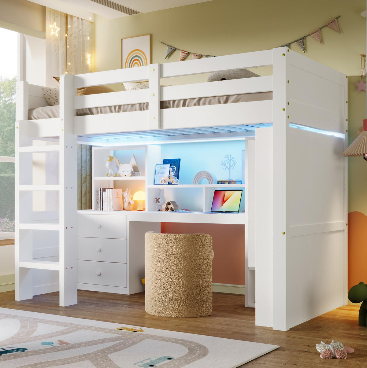 HOCHBETT 90/200 cm in Weiß mit LED-Beleuchtung, Schreibtisch und Kleiderschrank - Weiß, Holzwerkstoff (90/200cm) - Flora Grace
