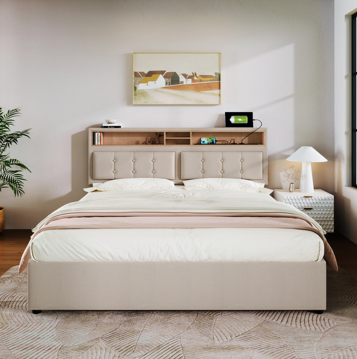 BETT mit 4 Schubladen und USB/Typ-C 140x200 cm Leinen Beige - Beige, Metall (140/200cm) - Meubliv