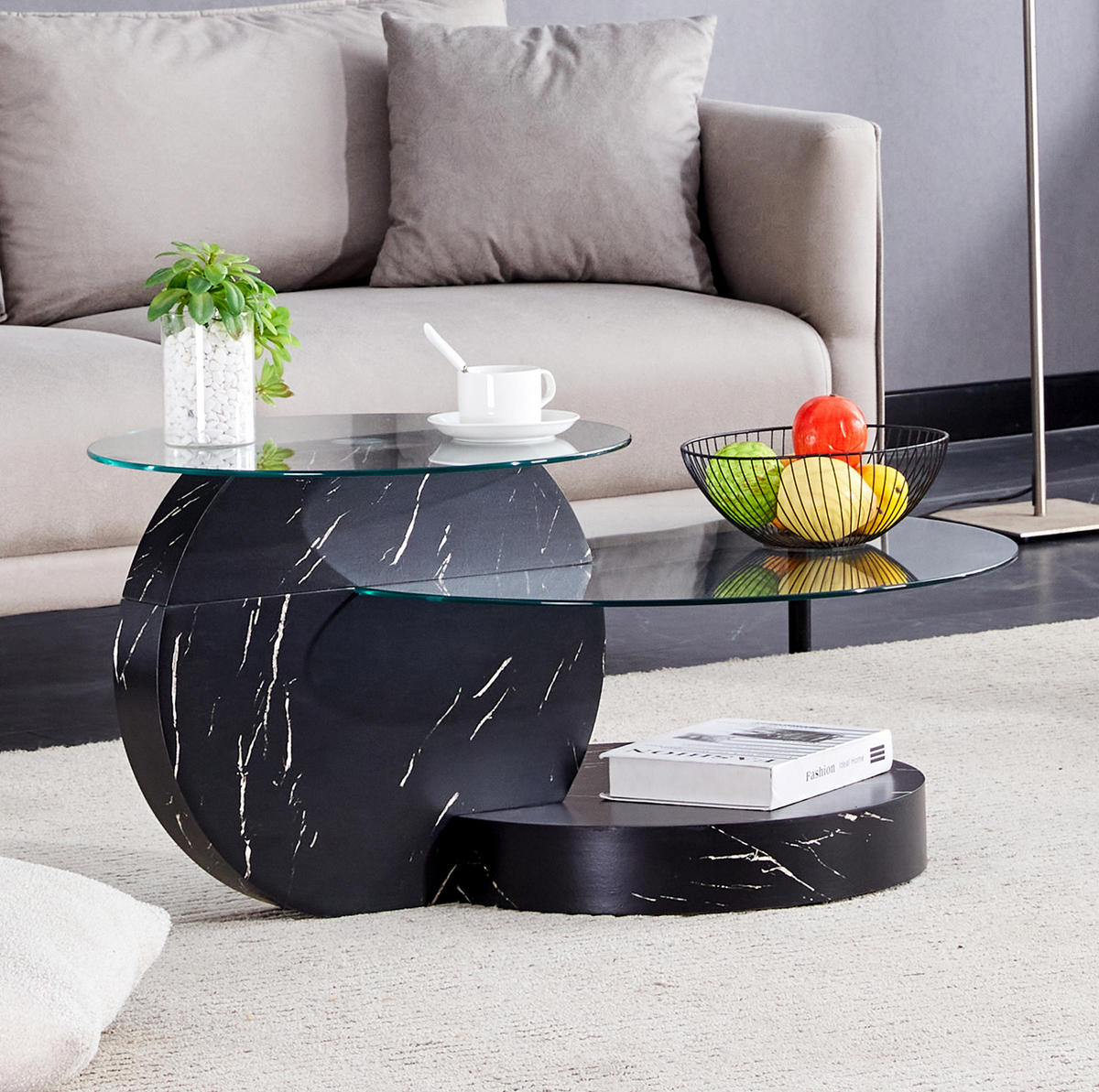COUCHTISCH 69.8/49.8 cm schwarz aus MDF und Glas mit mehrstufiger Ablage - Transparent, Holzwerkstoff (89.9/69.9/43.2cm) - OKMYHOME