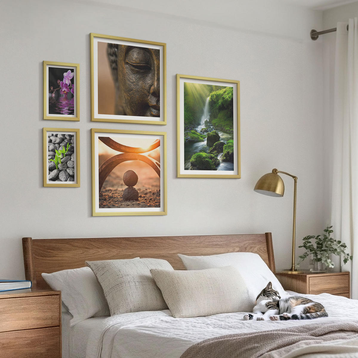 WANDBILDER 5er Set - 50x50 cm & 20x30 cm & 40x60 cm Goldrahmen - Winterlandschaft mit Nordlichtern - Goldfarben, Kunststoff (40/60cm) - ArtPrintCave