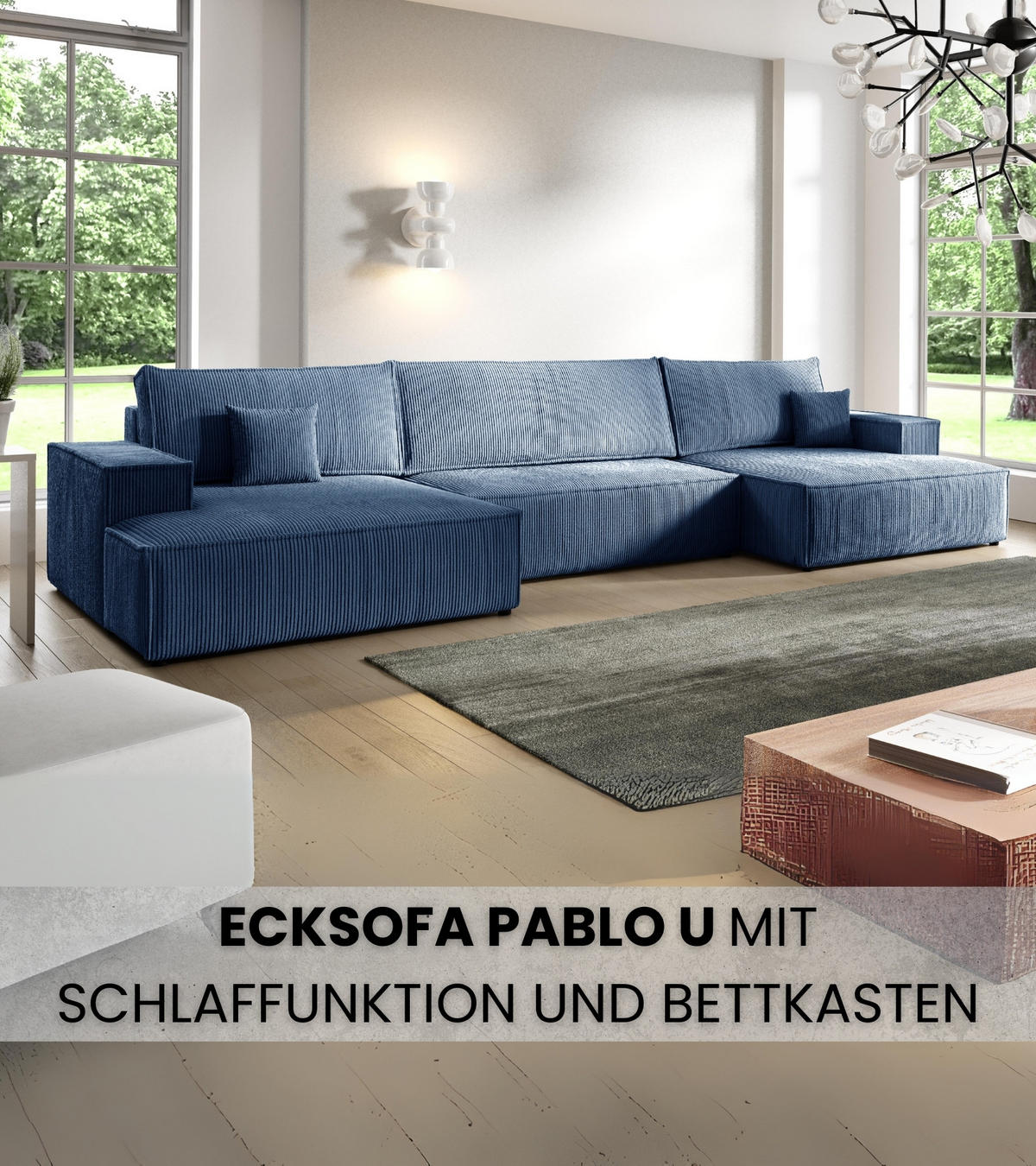 WOHNLANDCHAFT Pablo U mit Schlaffunktion Himmelblau Cord - Blau, Textil (398/85/148cm) - Bromarkt