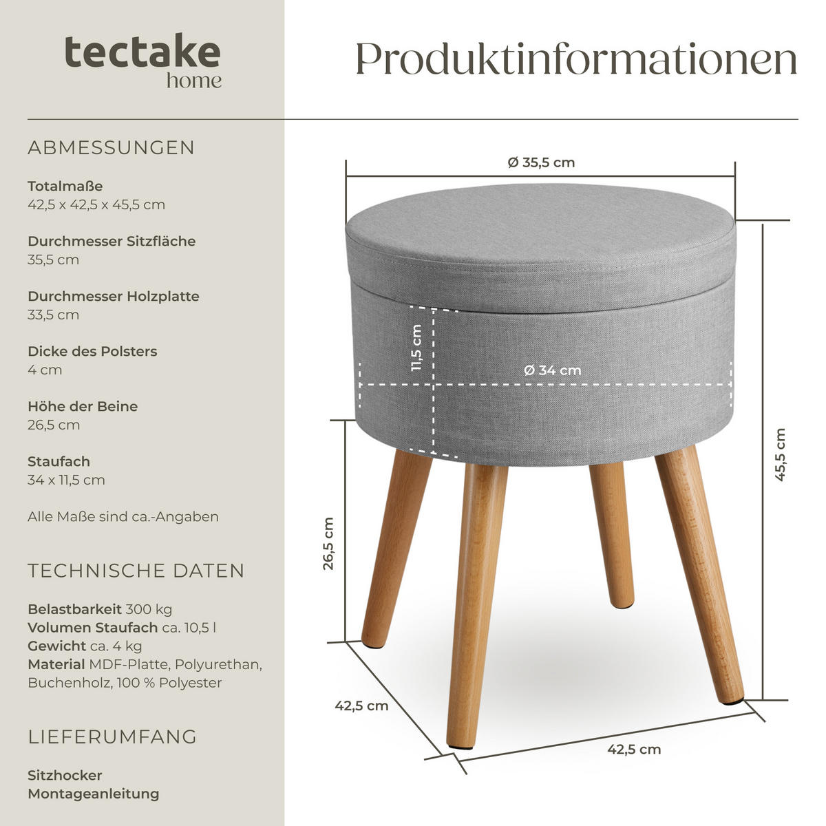 SITZHOCKER mit Stauraum Yara,42,5 x 42,5 x 45,5 cm,hellgrau - Hellgrau, Holz (42.5/45.5/42.5cm) - tectake