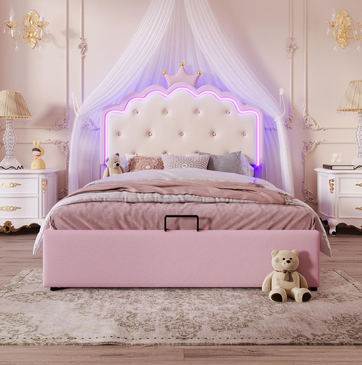 POLSTERBETT 140/200 cm aus PU und MDF mit LED-Beleuchtung und hydraulischem Stauraum Rosa - Pink, Kunststoff (140/200cm) - Modenvie