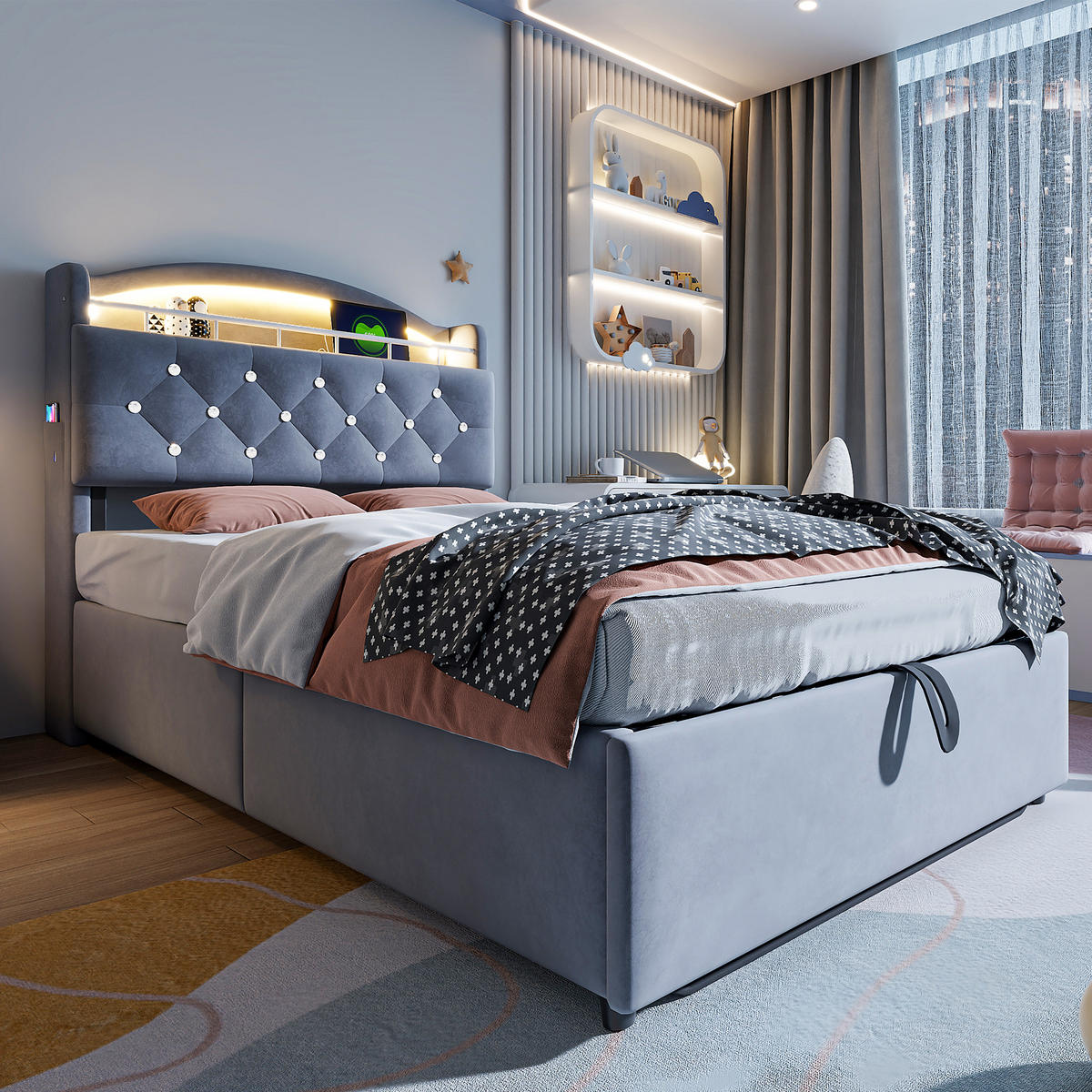 KINDERBETT 90x200 cm Grau Samt Multifunktion Stauraum LED USB - Grau, Textil - FLIEKS