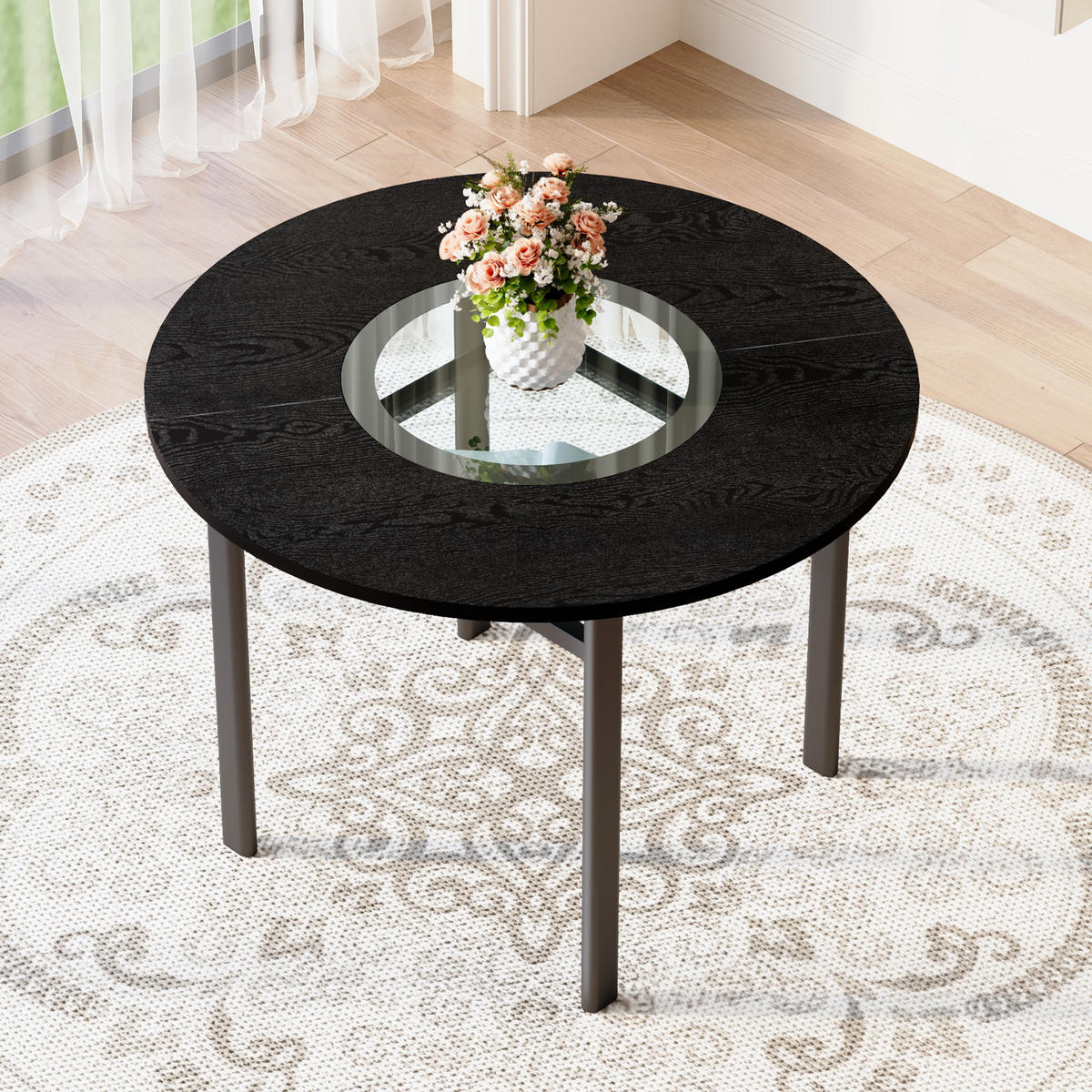 ESSTISCH 100 cm in Schwarz mit Glaseinlage und Glasablage - Schwarz, Holzwerkstoff (100/100/76cm) - Flora Grace