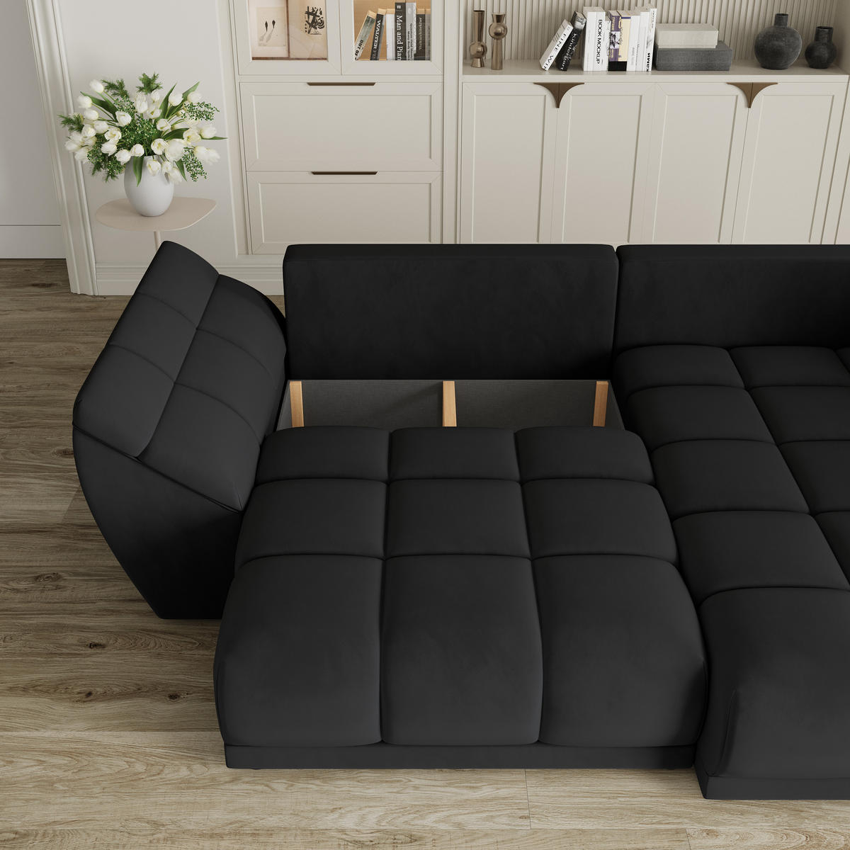 ECKSOFA ORENTI R-S Schwarz Velours-Stoff mit Schlaffunktion - Schwarz, Holz (287/182cm) - MASSENO