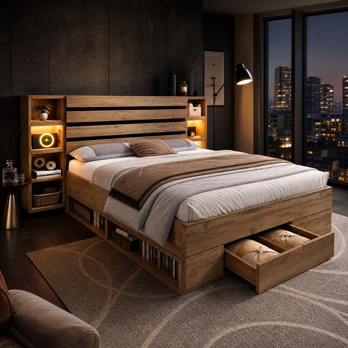 BETT 160/200 mit Schubladen, LED und USB in Eiche - Eichefarben, Holzwerkstoff/Metall (160/200cm) - EVRYAE