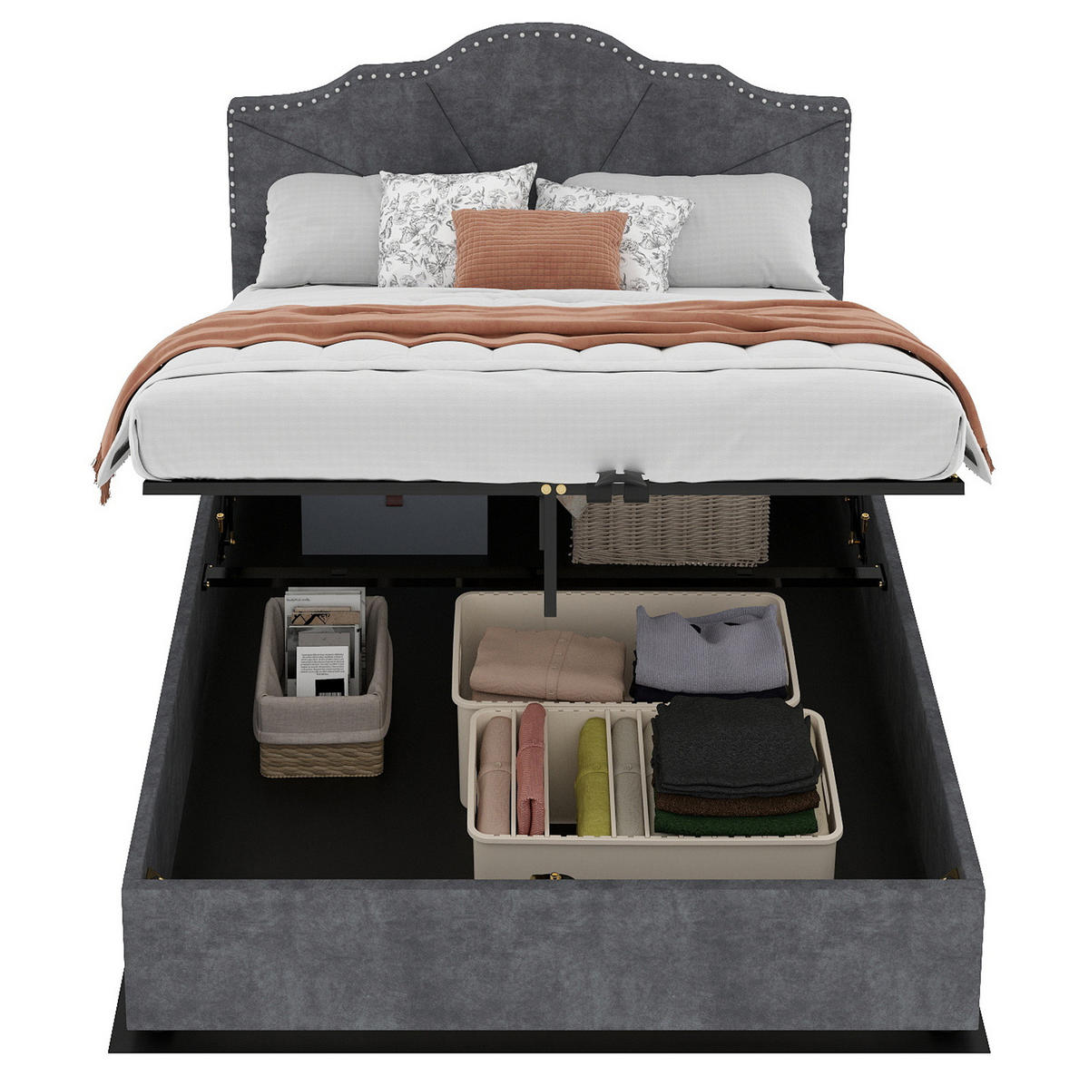 POLSTERBETT 160/200 cm grau aus Stoff und Metall mit Bettkasten - Grau, Textil (160/200cm) - OKWISH