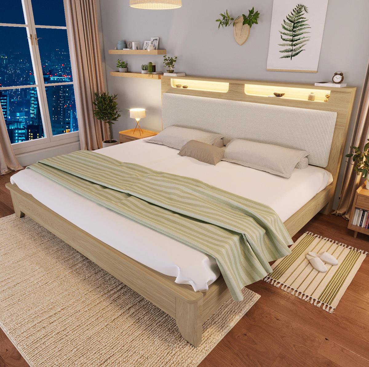 POLSTERBETT mit LED-Beleuchtung 180/200 cm mit Cord-Kopfteil und Lattenrost - Beige, Textil (180/200cm) - BEAOK