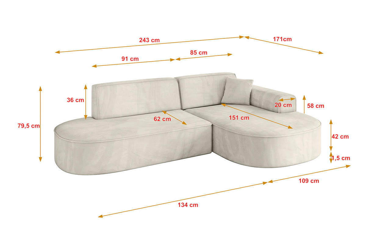 ECKSOFA Ottomane Rechts MARI-L1 - 243x171x79 cm Ecru Velours - Ecru/Schwarz, Holzwerkstoff/Kunststoff (171/243cm) - ALTDECOR