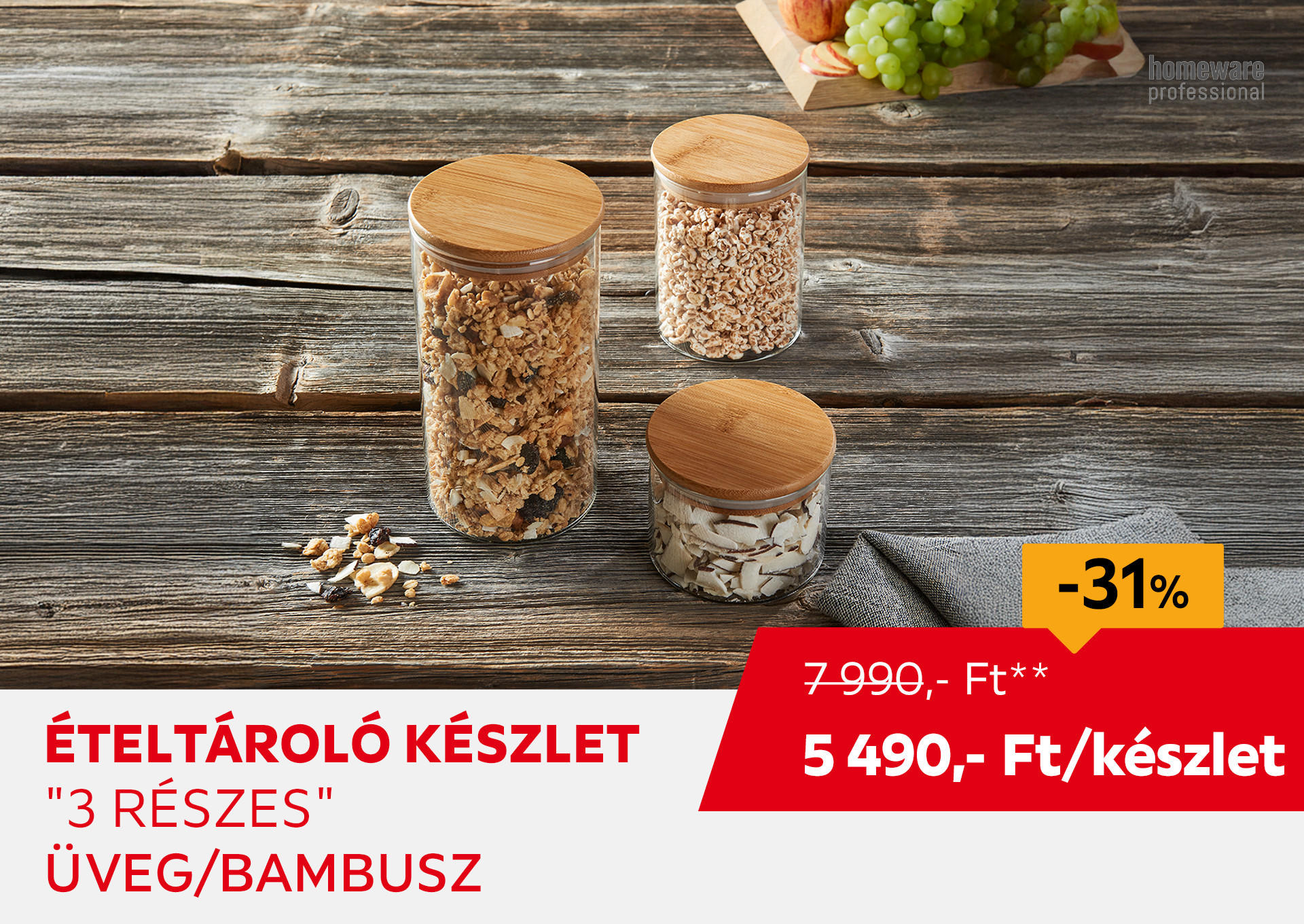 Ételtároló készlet, 3 részes, üveg/bambusz Kiemelt termék 7990 Ft.- helyett 5490 Ft.-