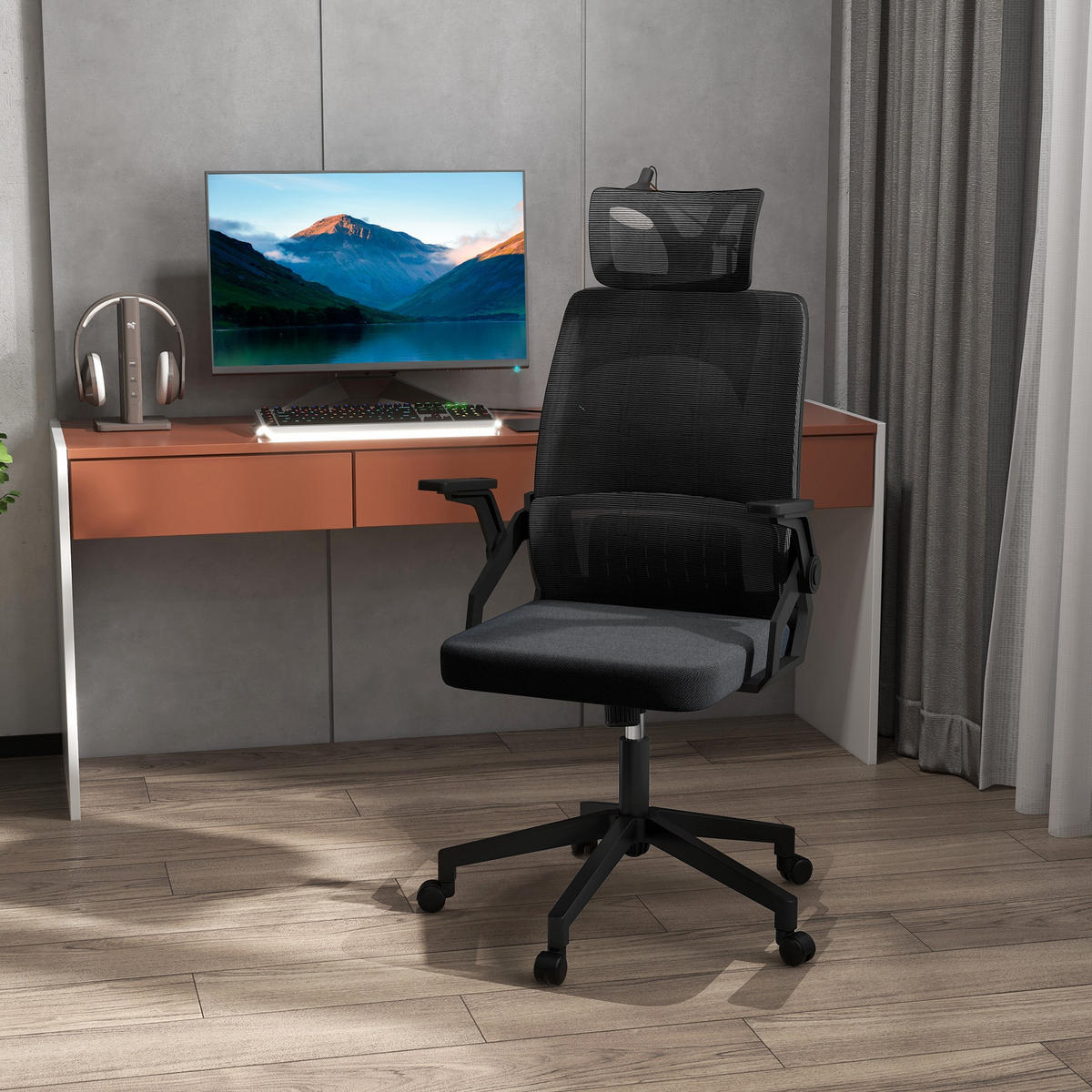 BÜROSTUHL Ergonomisch, Schreibtischstuhl mit Verstellbar Kopfstütze Mesh Schwarz - Schwarz, Textil (61/121.5/60cm) - Vinsetto