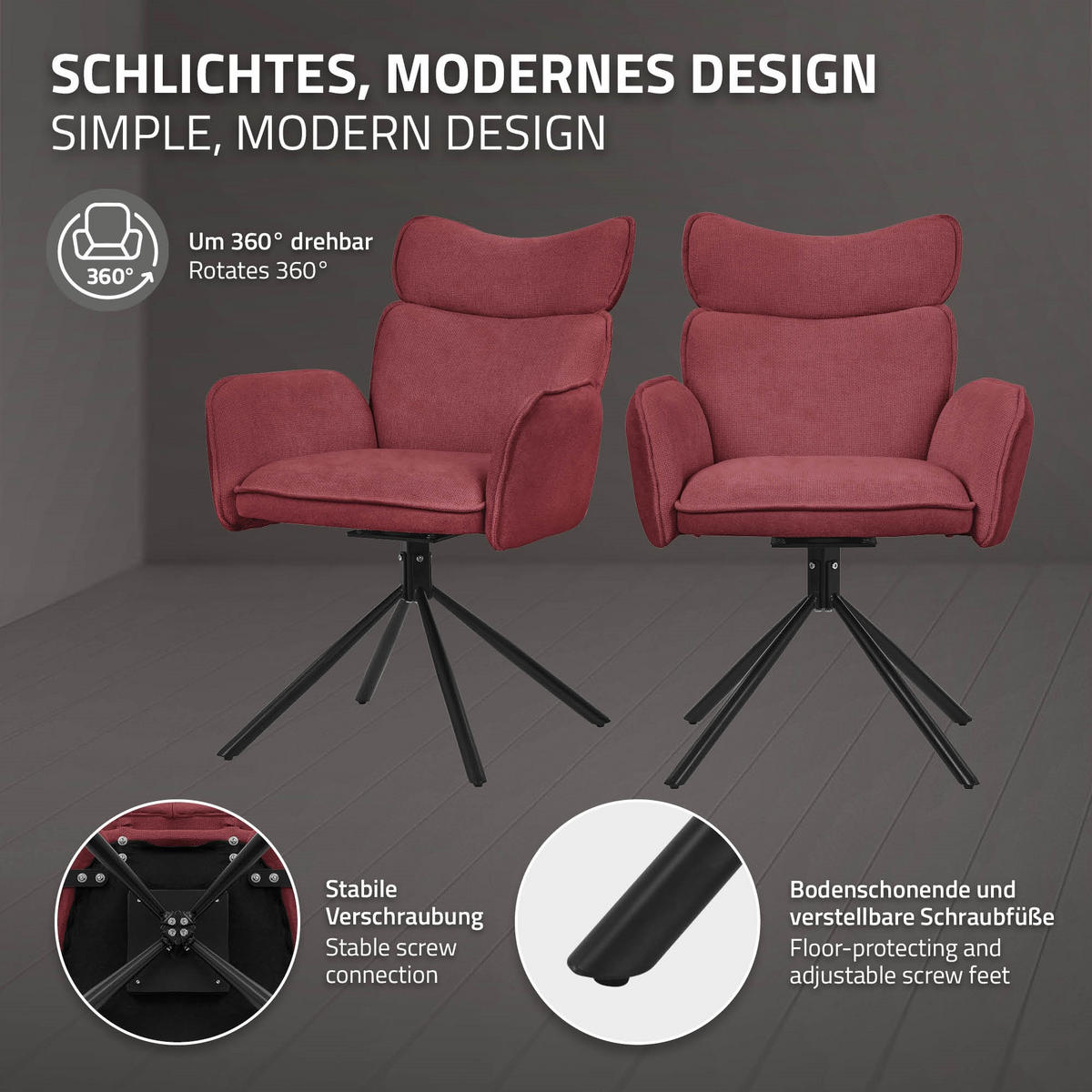 ESSZIMMERSTÜHLE 2er Set drehbar Rot mit Stoffbezug - Rot/Schwarz, Textil/Metall (63/89/68cm) - ML-DESIGN