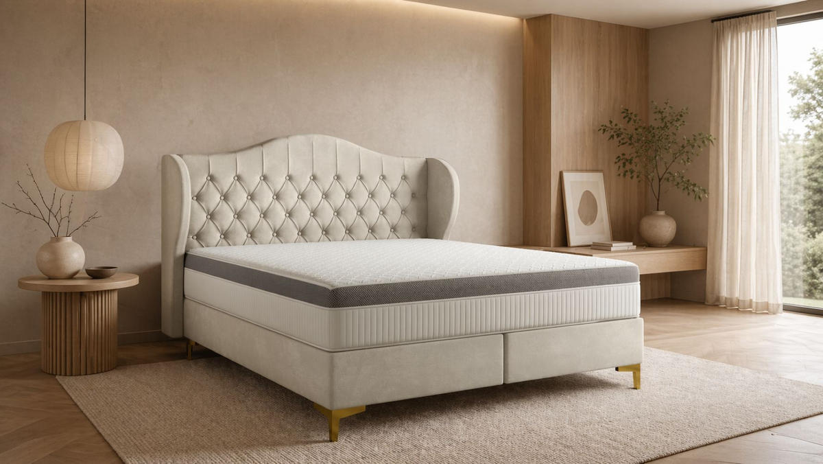 BETT mit Taschenmatratze LEGEND, Whisper-Stoff Creme 180x200 cm - Creme, Holz/Textil (180/200cm) - Kaiser Möbel