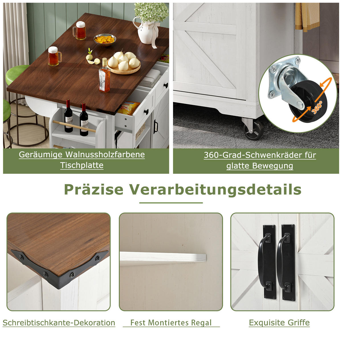 KÜCHENINSEL 140x73x94cm Weiß mit Klappplatte,Schiebetüren & 5 Rädern - Weiß, Holzwerkstoff (140/94/73cm) - Modfu