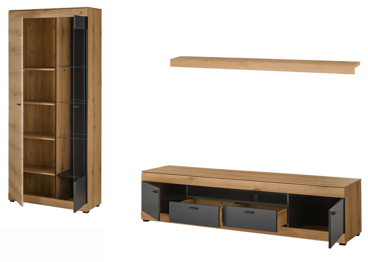 WOHNWAND Eiche, grau 300 x 201 cm, Wohnzimmer Set mit Soft-Close - Kaschmir/Eichefarben, Glas/Holzwerkstoff (300/201/45cm) - Furn.Design