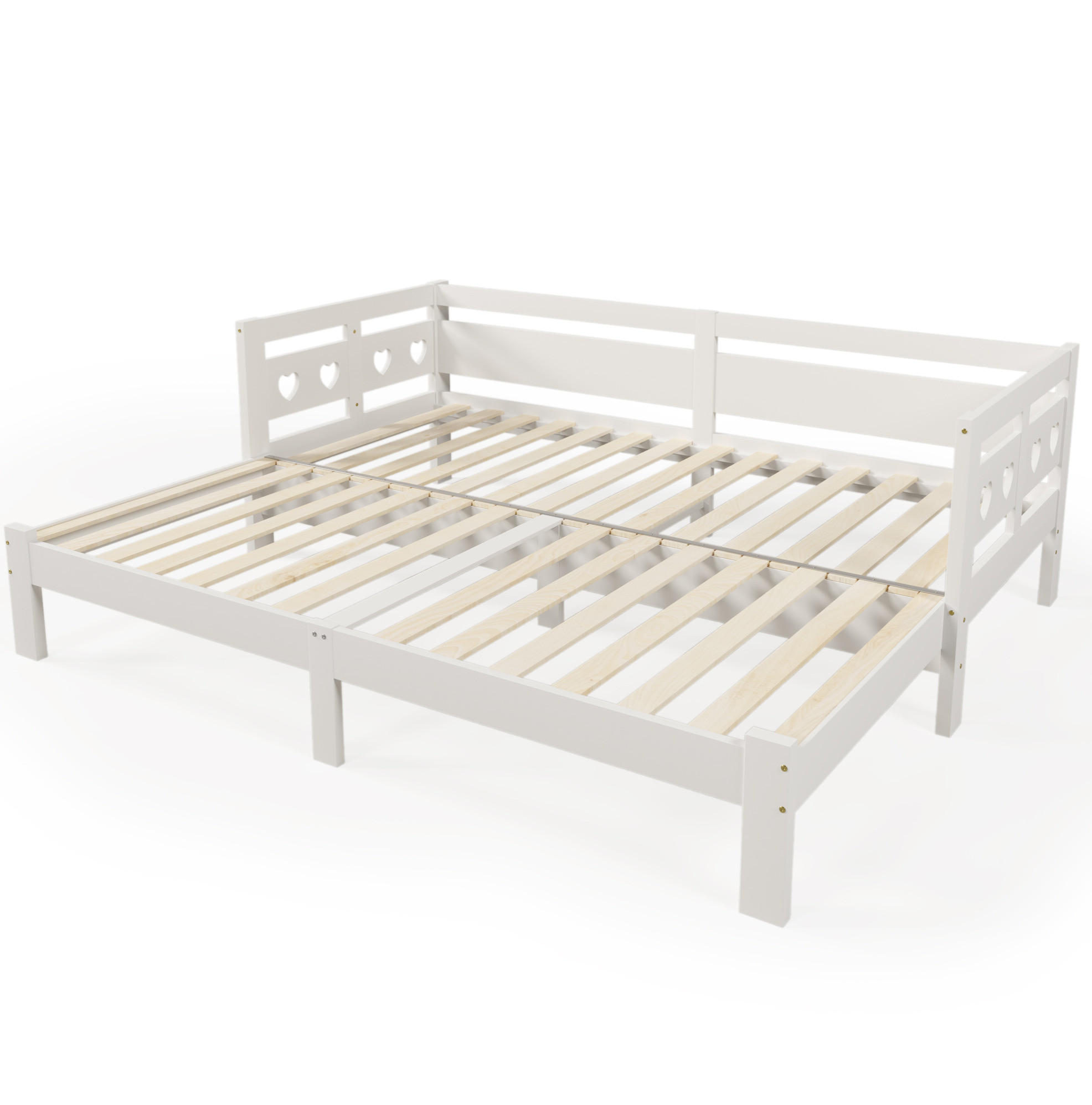 OKWISH DENNÍ postel 90/200 cm bílá z masivní borovice s výsuvným lůžkem a srdcovým čelem