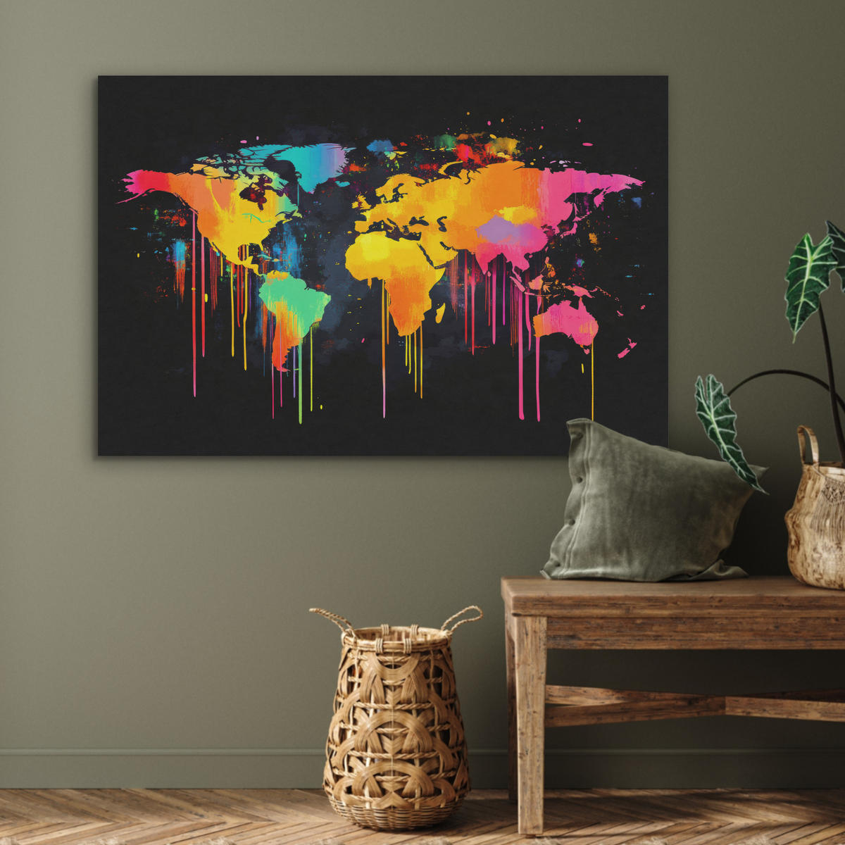 AKUSTIKBILD Weltkarte - Farbe - Bunt - Graffiti - Welt Wandbild Wohnzimmer 100x70 cm - Multicolor, Textil (100/70/0.9cm) - MuchoWow