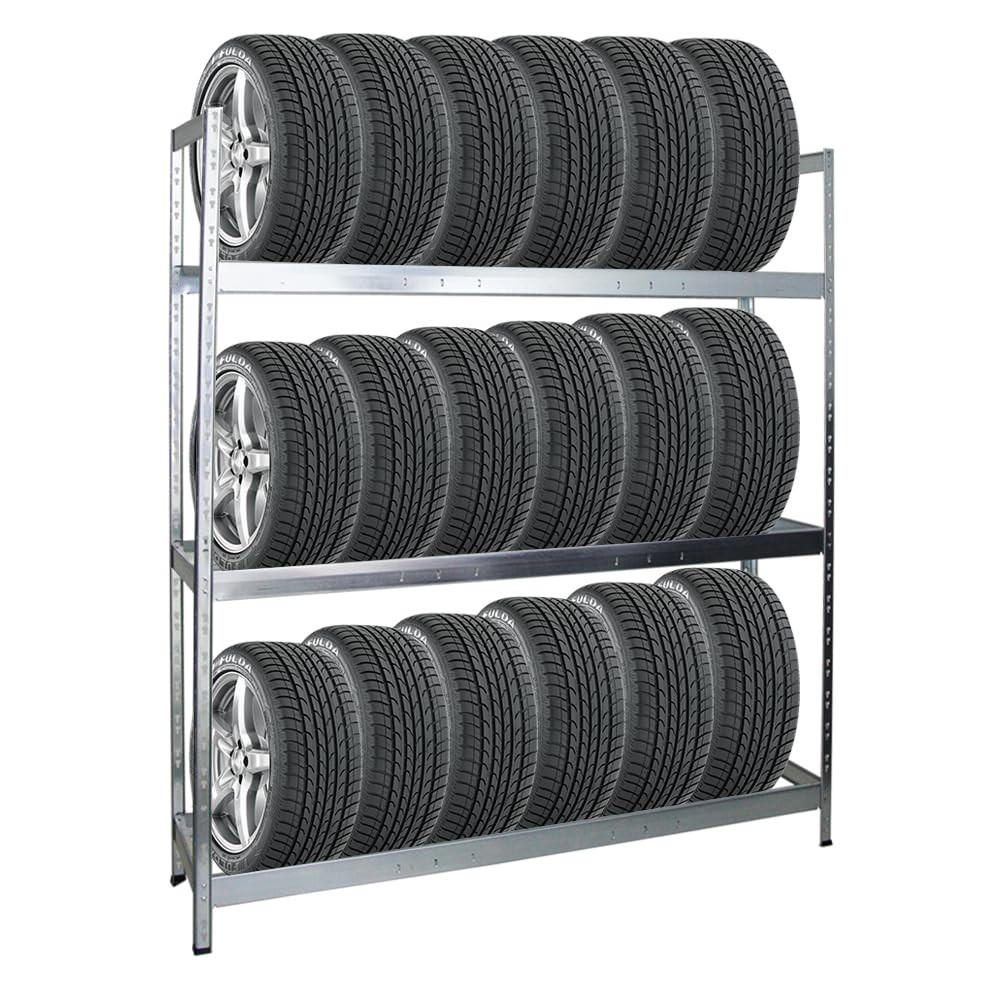 REIFENREGAL Tiger XL 200x180x45 cm 300 kg Fachlast bis zu 21 Reifen auf 3 Ebenen Verzinkt - Silberfarben, Metall (180/200/45cm) - PROREGAL