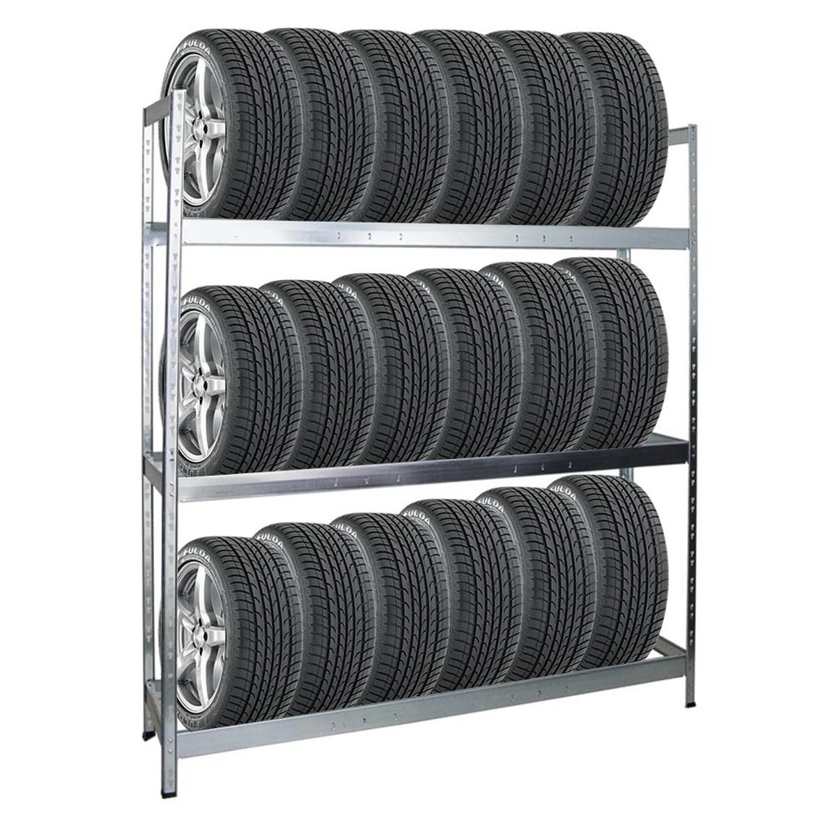 REIFENREGAL Tiger XL 200x180x45 cm 300 kg Fachlast bis zu 21 Reifen auf 3 Ebenen Verzinkt - Silberfarben, Metall (180/200/45cm) - PROREGAL