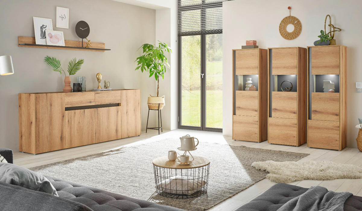 VITRINE Evoke Eiche, grau 50 x 155 cm, Vitrinenschrank 2-türig - Eichefarben/Schwarz, Glas/Holz (50/2/40cm) - Furn.Design