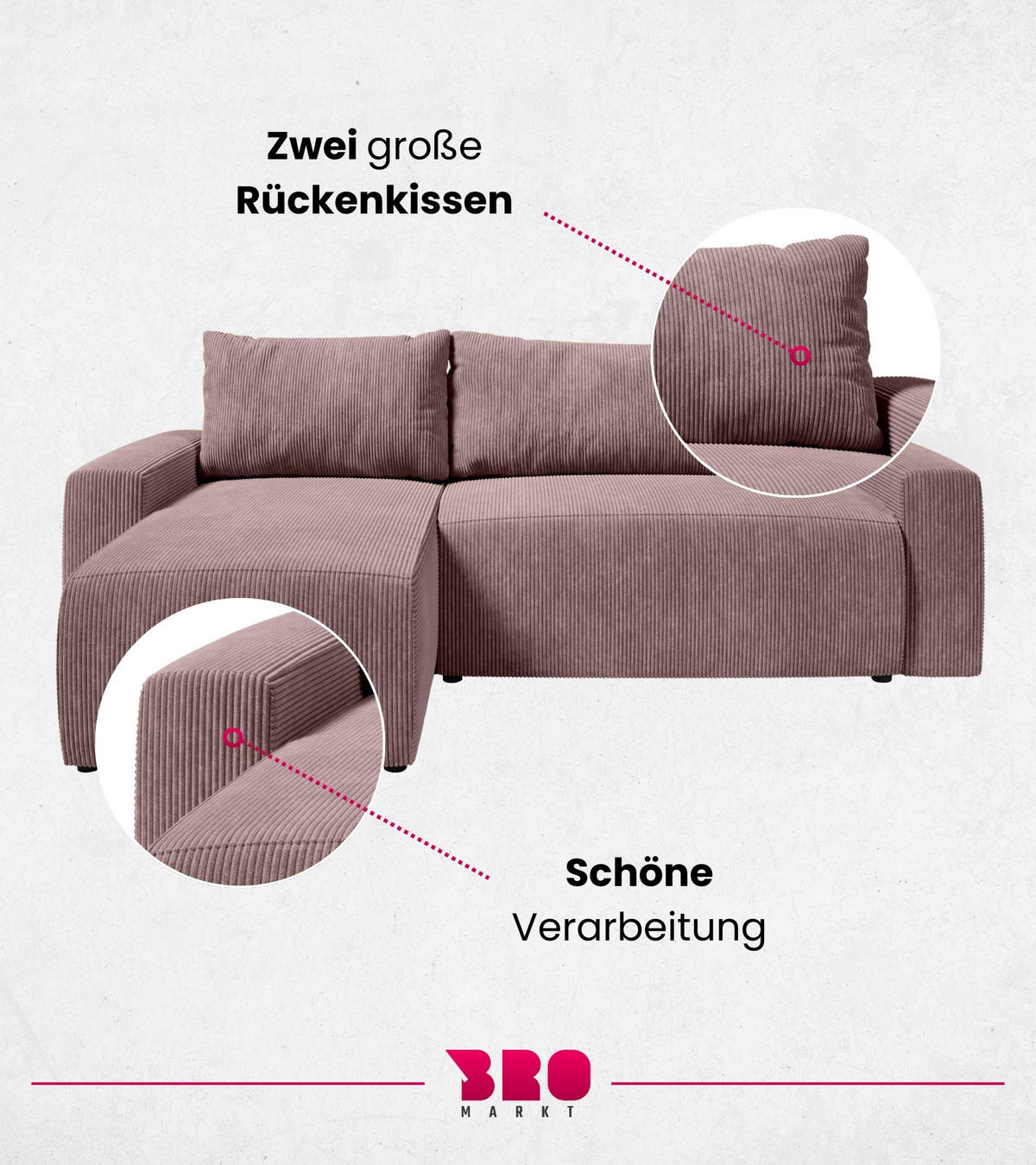 ECKSOFA PLUSH mit Schlaffunktion Rosa Cord - Rosa, Textil (240/145cm) - Bromarkt