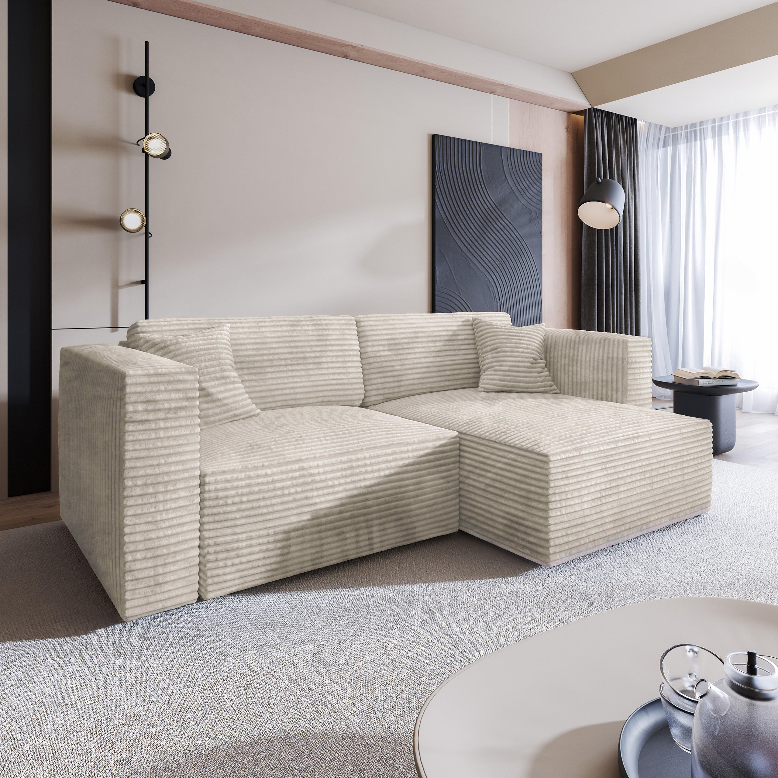 ECKSOFA NERIO Creme Kordstoff mit Schlaffunktion - Creme, Holz (245/148cm) - MASSENO