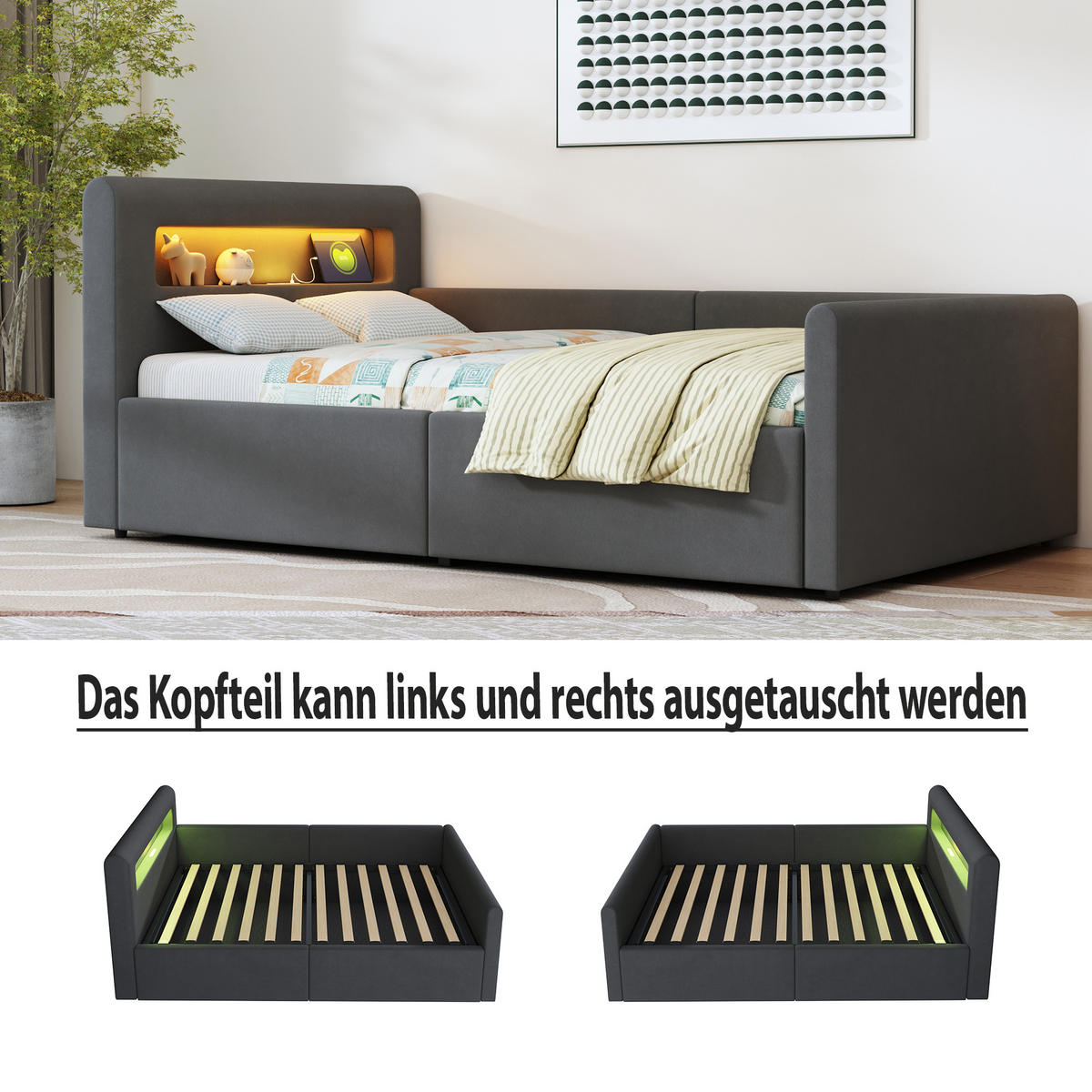 KINDERBETT 90/200 cm in Dunkelgrau Samt mit Stauraum, LED und USB - Dunkelgrau, Holzwerkstoff/Textil (90/200cm) - WISHDOR