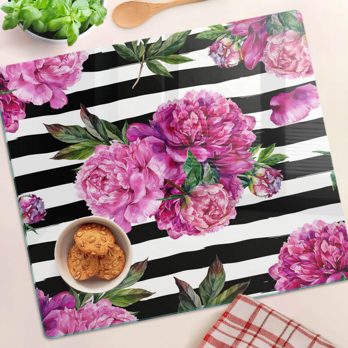 GLASPLATTE 60x52 cm Rosa Pfingstrosen - Pink, Glas (60/0.4/52cm) - TULUP