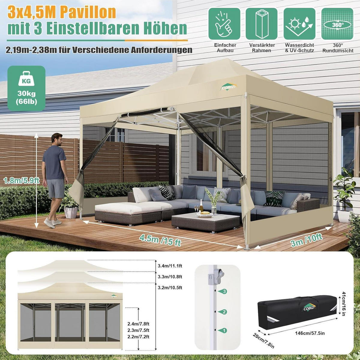 FALTPAVILLON 3 x 4,5 m mit Moskitonetz Khaki - Olivgrün, Textil (300/238/450cm)