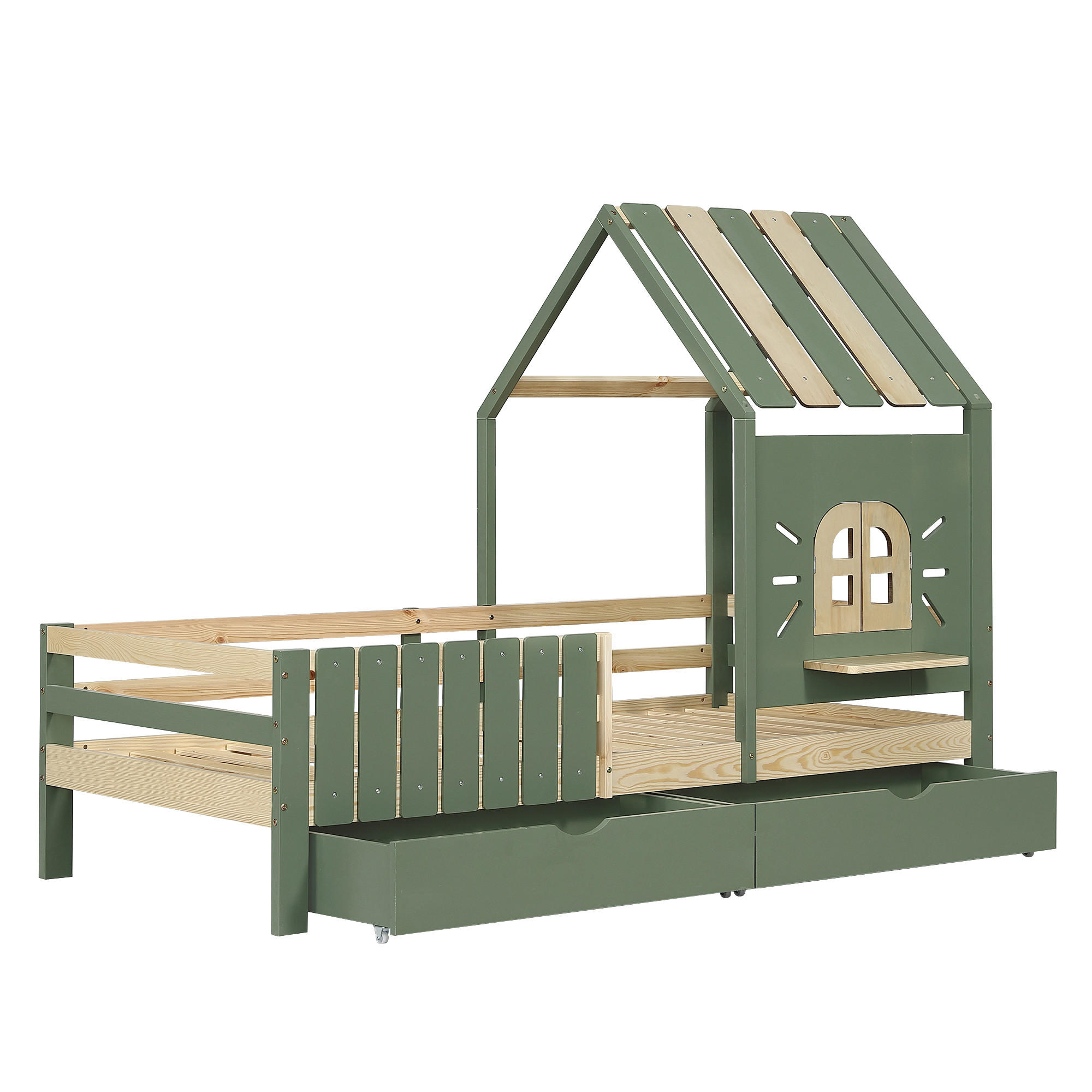 HAUSBETT 90/200 cm DE-02196, in Grün/Natur, mit Dach, Fenster und 2 Schubladen - Grün, Holzwerkstoff (90/200cm) - ComfortXL