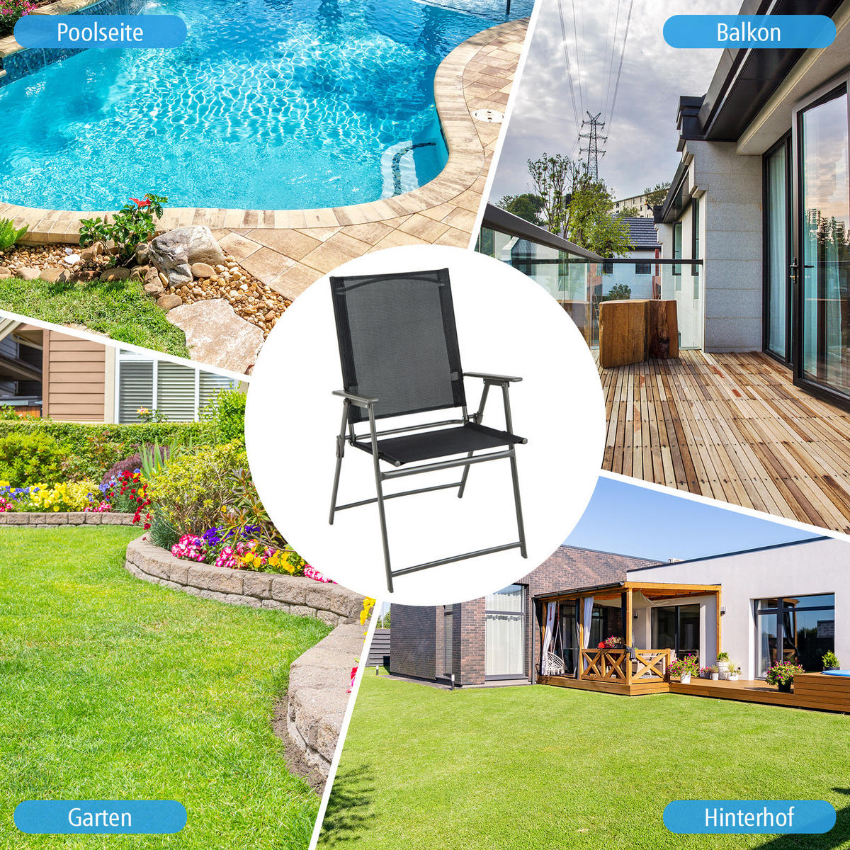 TERRASSENSTUHL Schwarz (2er-Set) - Schwarz, Metall (58/69/62cm) - COSTWAY