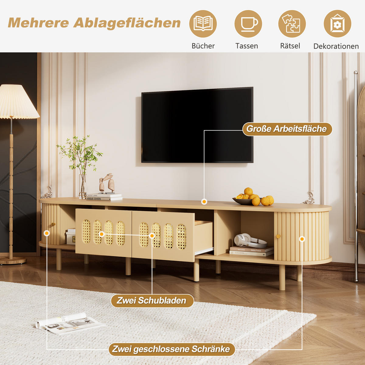 TV-SCHRANK 180/40/40 cm Helles Holz mit Rattan, 2 Türen und 2 Rolltüren - Naturfarben, Holzwerkstoff (180/40/40cm) - Oxeza
